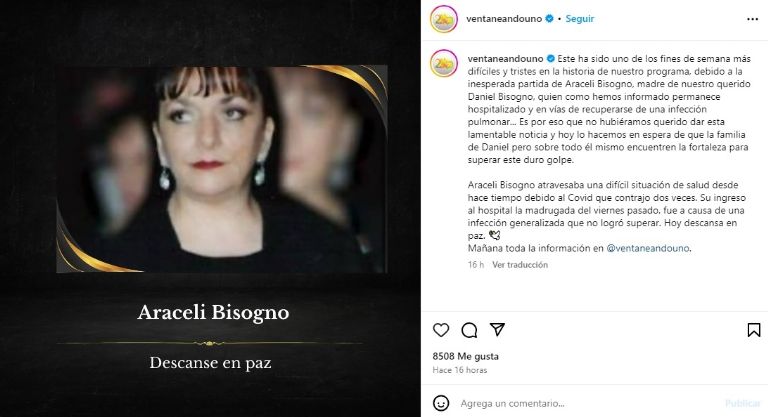 Revelan la causa de la muerte de la madre de Daniel Bisogno